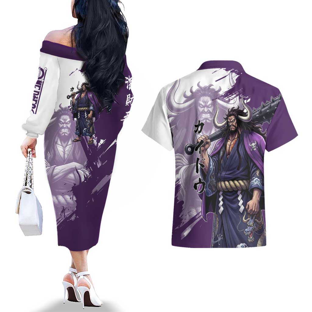Kaido Anime Couples Matching Off The Shoulder Long Sleeve Dress and Hawaiian Shirt One Piece Oni Warlord Graphic
