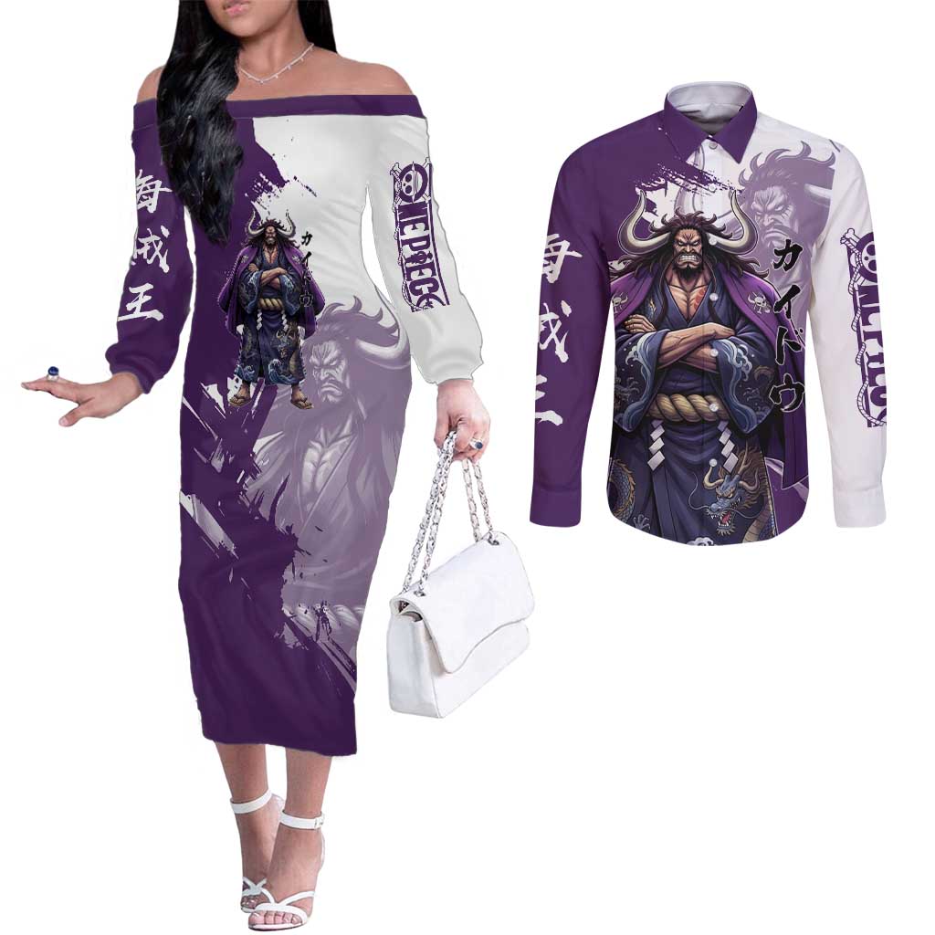 Kaido Anime Couples Matching Off The Shoulder Long Sleeve Dress and Long Sleeve Button Shirt One Piece Oni Warlord Graphic