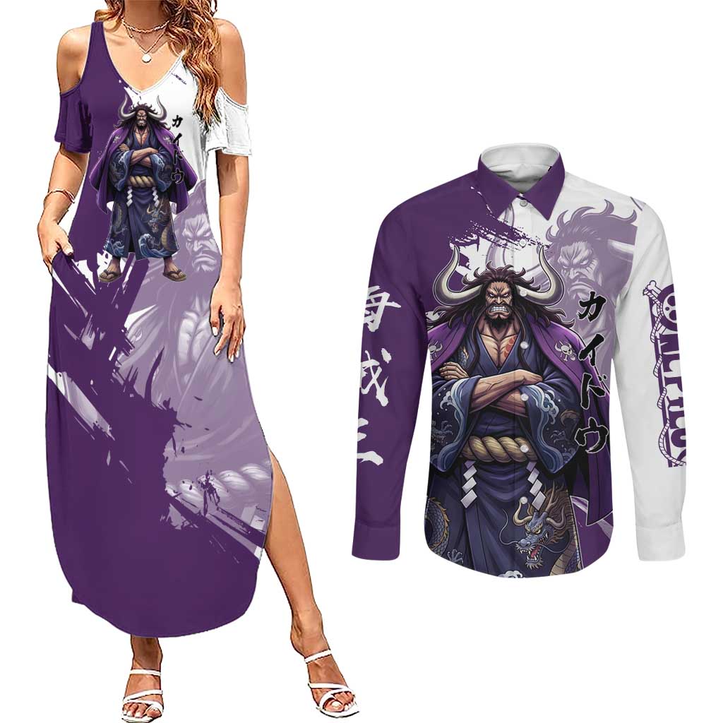 Kaido Anime Couples Matching Summer Maxi Dress and Long Sleeve Button Shirt One Piece Oni Warlord Graphic