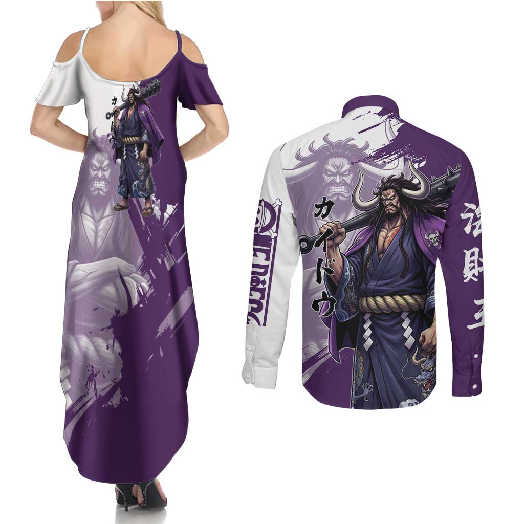 Kaido Anime Couples Matching Summer Maxi Dress and Long Sleeve Button Shirt One Piece Oni Warlord Graphic
