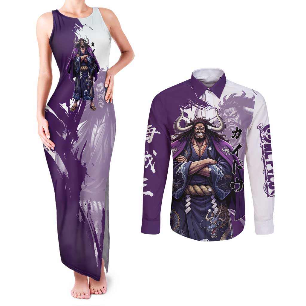 Kaido Anime Couples Matching Tank Maxi Dress and Long Sleeve Button Shirt One Piece Oni Warlord Graphic