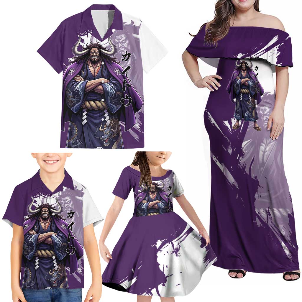 Kaido Anime Family Matching Off Shoulder Maxi Dress and Hawaiian Shirt One Piece Oni Warlord Graphic