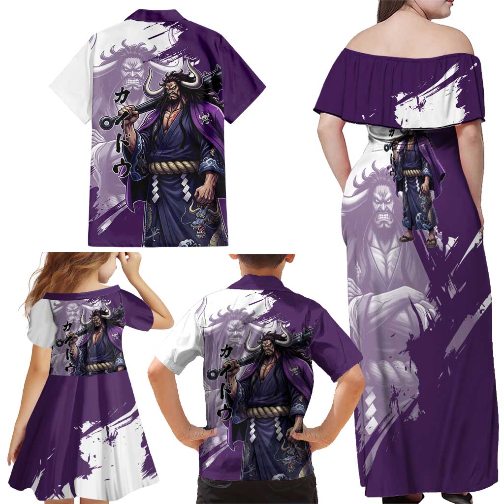 Kaido Anime Family Matching Off Shoulder Maxi Dress and Hawaiian Shirt One Piece Oni Warlord Graphic