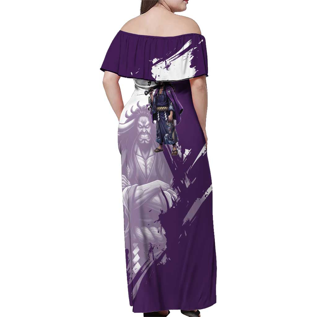 Kaido Anime Family Matching Off Shoulder Maxi Dress and Hawaiian Shirt One Piece Oni Warlord Graphic