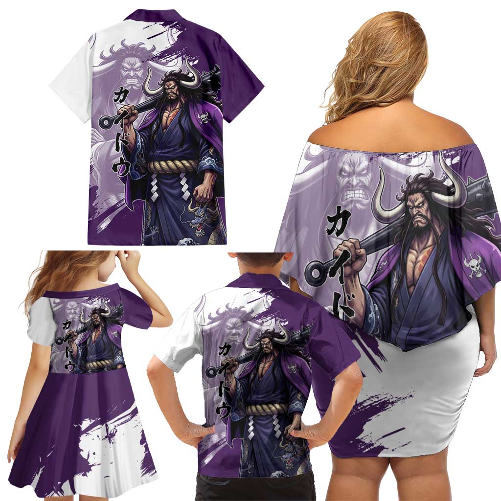Kaido Anime Family Matching Off Shoulder Short Dress and Hawaiian Shirt One Piece Oni Warlord Graphic