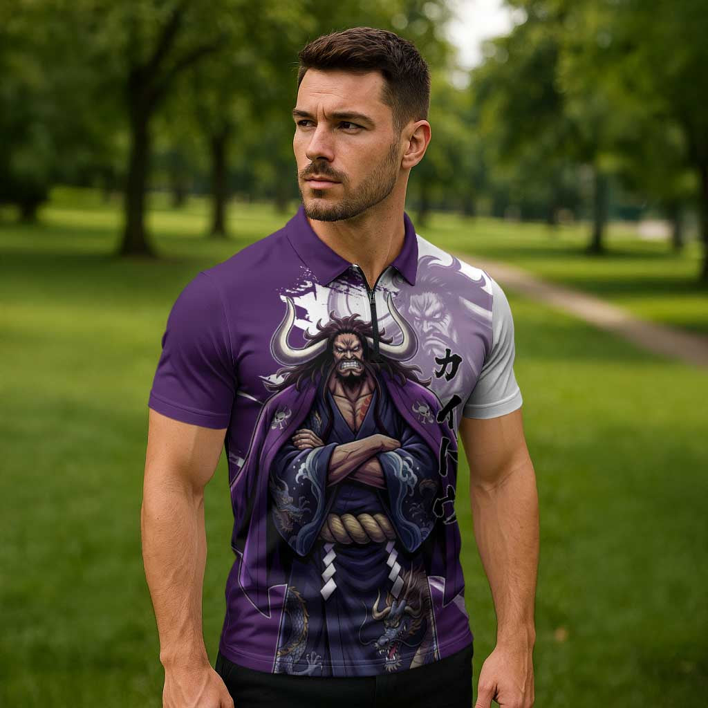 Kaido Anime Zipper Polo Shirt One Piece Oni Warlord Graphic