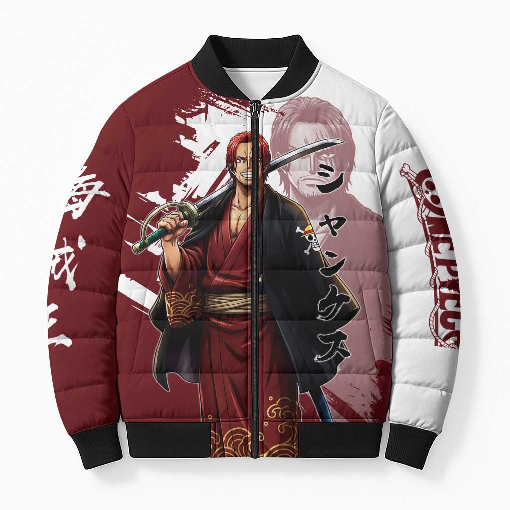 One Piece Shanks Red Hair Bomber Puffer Jacket Japanese Anime Graphic