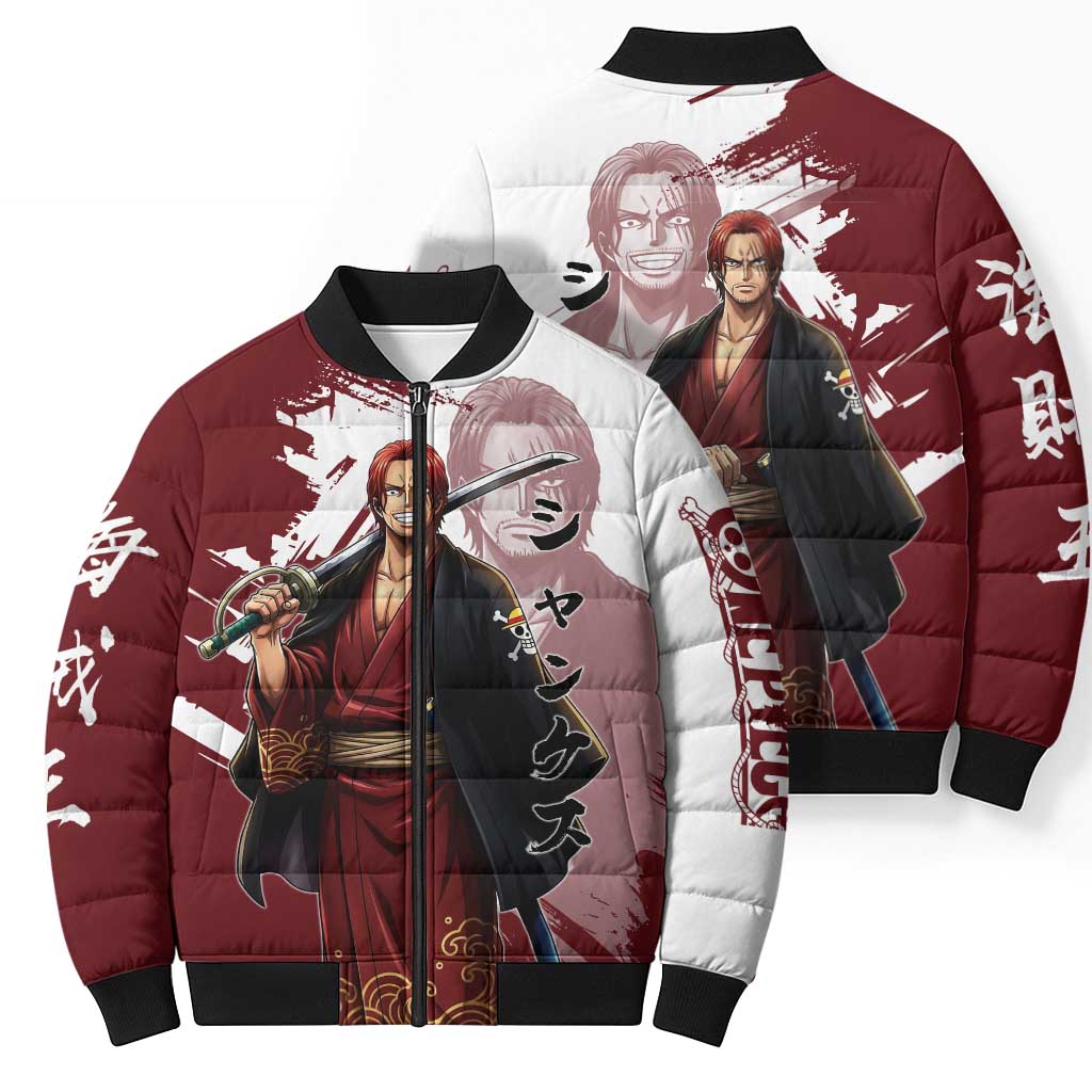One Piece Shanks Red Hair Bomber Puffer Jacket Japanese Anime Graphic
