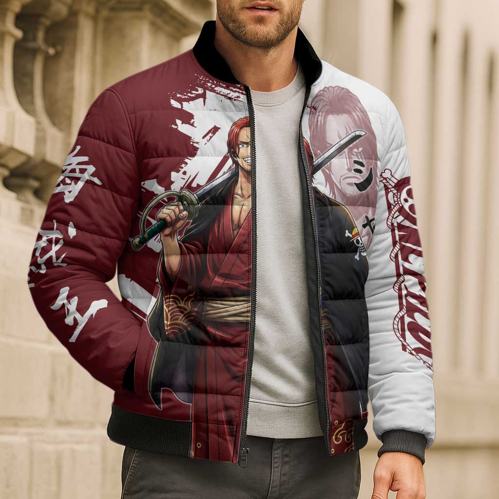 One Piece Shanks Red Hair Bomber Puffer Jacket Japanese Anime Graphic