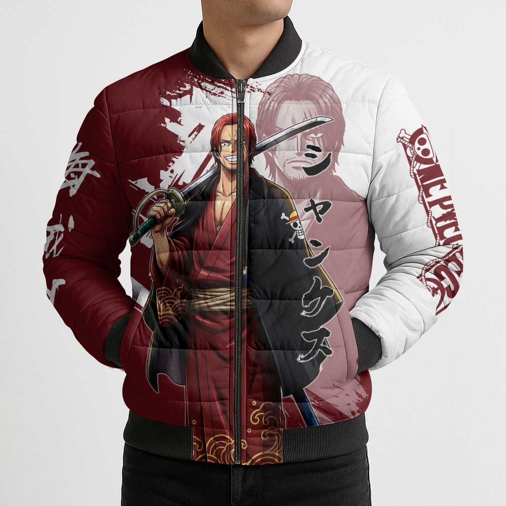 One Piece Shanks Red Hair Bomber Puffer Jacket Japanese Anime Graphic