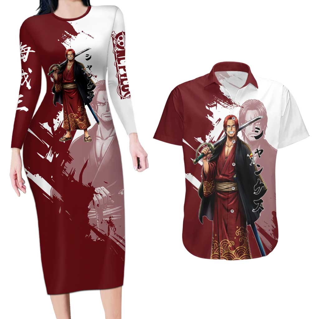 One Piece Shanks Red Hair Couples Matching Long Sleeve Bodycon Dress and Hawaiian Shirt Japanese Anime Graphic