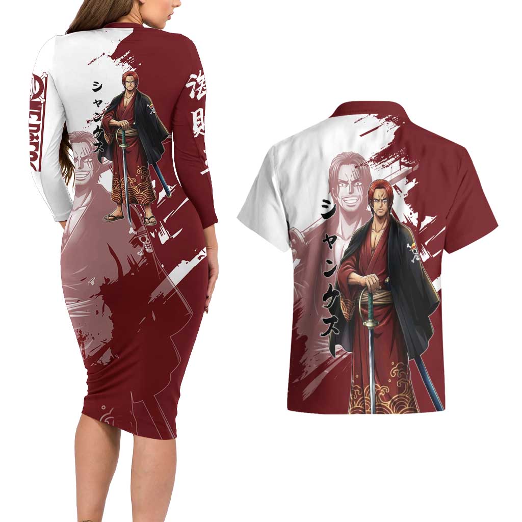 One Piece Shanks Red Hair Couples Matching Long Sleeve Bodycon Dress and Hawaiian Shirt Japanese Anime Graphic