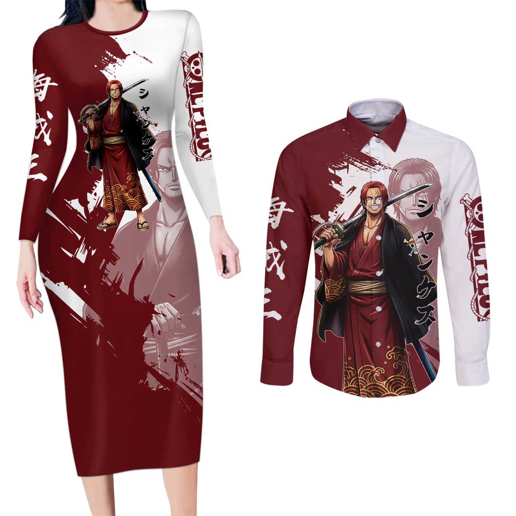 One Piece Shanks Red Hair Couples Matching Long Sleeve Bodycon Dress and Long Sleeve Button Shirt Japanese Anime Graphic