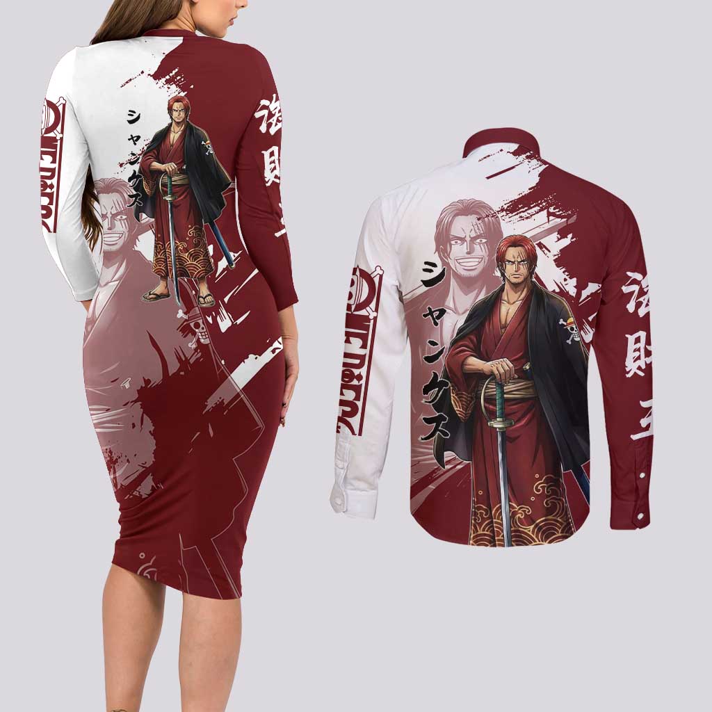 One Piece Shanks Red Hair Couples Matching Long Sleeve Bodycon Dress and Long Sleeve Button Shirt Japanese Anime Graphic