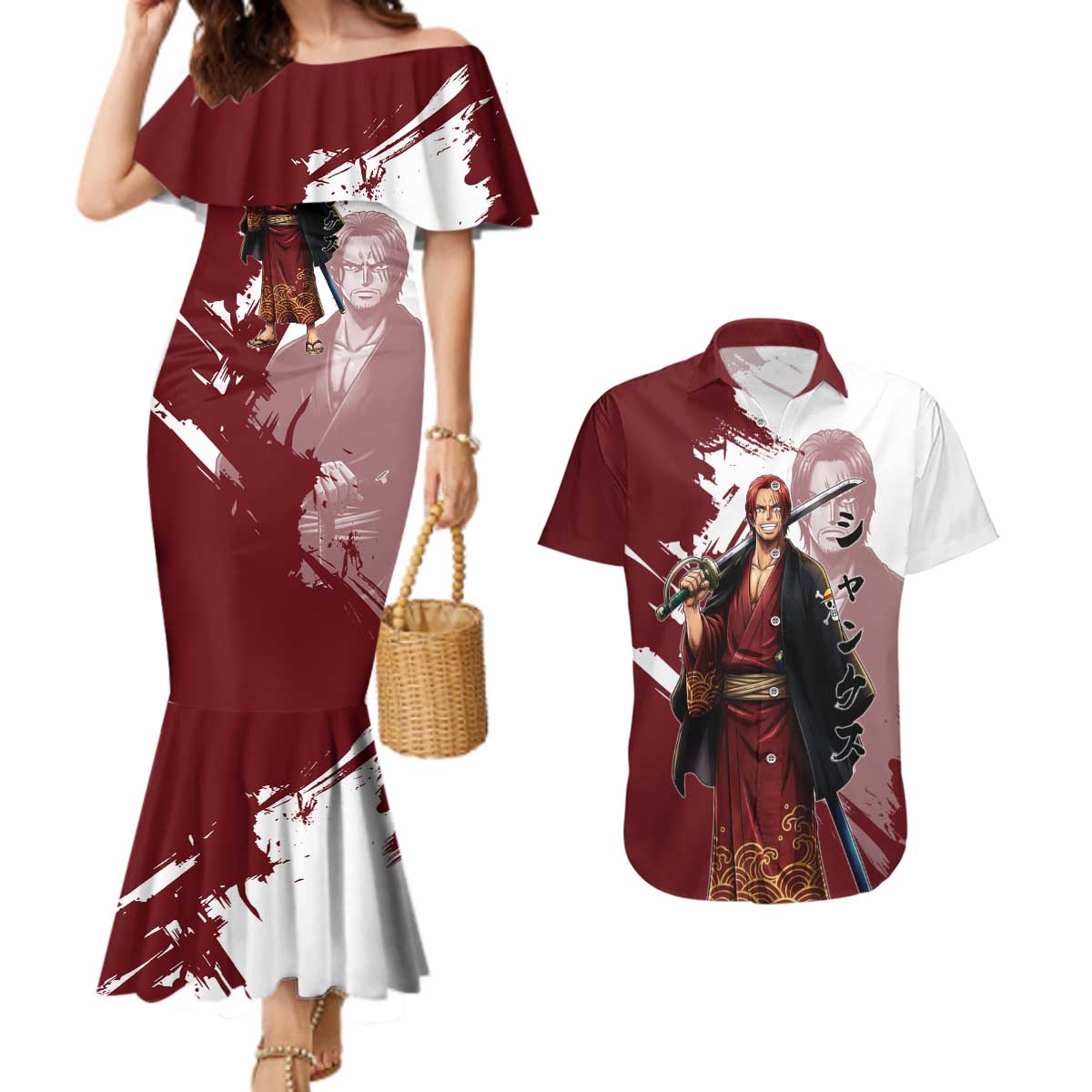 One Piece Shanks Red Hair Couples Matching Mermaid Dress and Hawaiian Shirt Japanese Anime Graphic