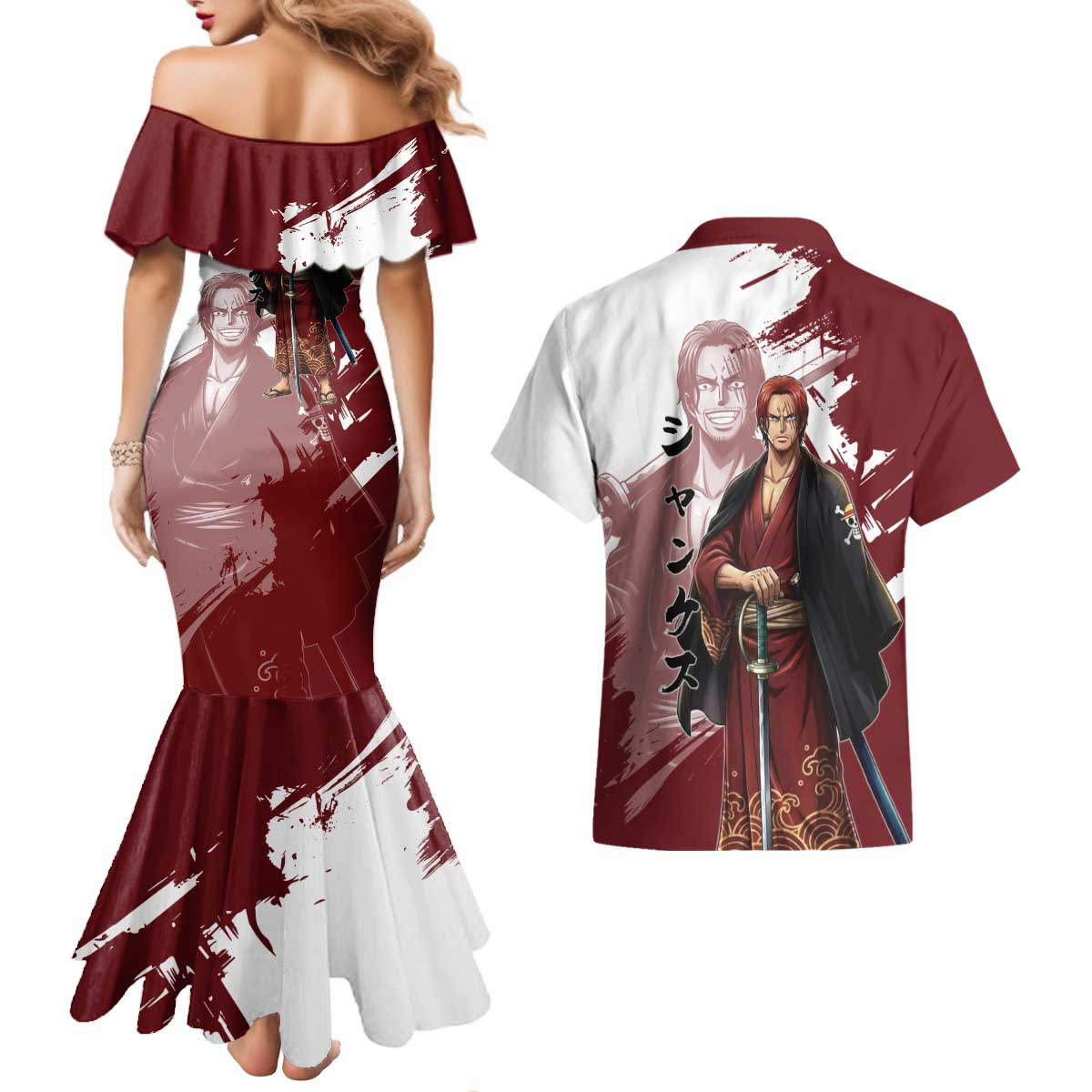One Piece Shanks Red Hair Couples Matching Mermaid Dress and Hawaiian Shirt Japanese Anime Graphic