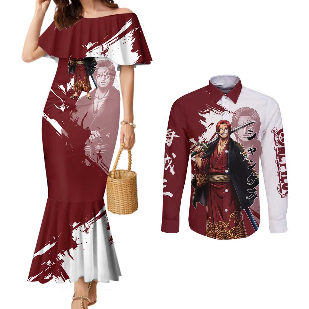 One Piece Shanks Red Hair Couples Matching Mermaid Dress and Long Sleeve Button Shirt Japanese Anime Graphic