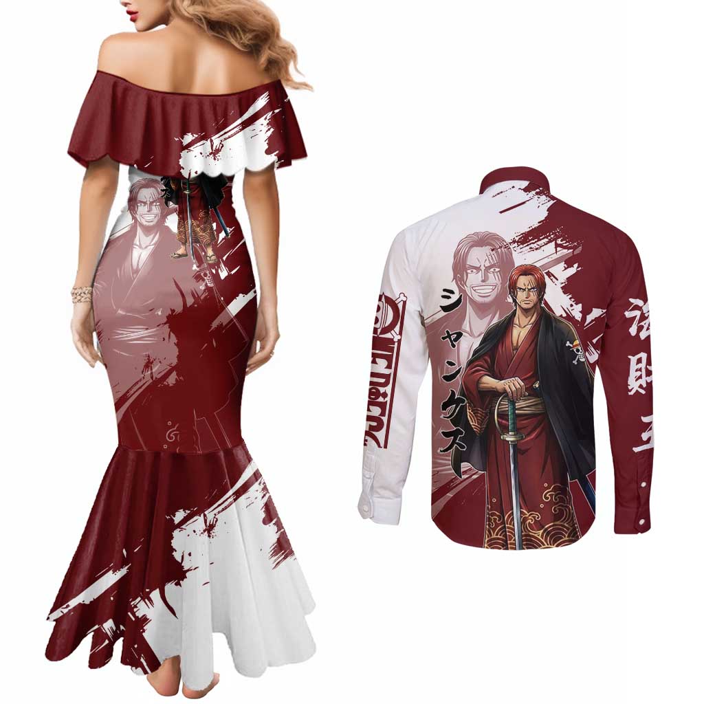 One Piece Shanks Red Hair Couples Matching Mermaid Dress and Long Sleeve Button Shirt Japanese Anime Graphic