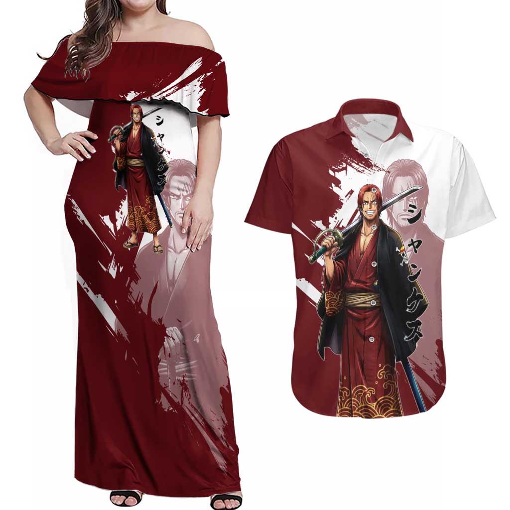 One Piece Shanks Red Hair Couples Matching Off Shoulder Maxi Dress and Hawaiian Shirt Japanese Anime Graphic