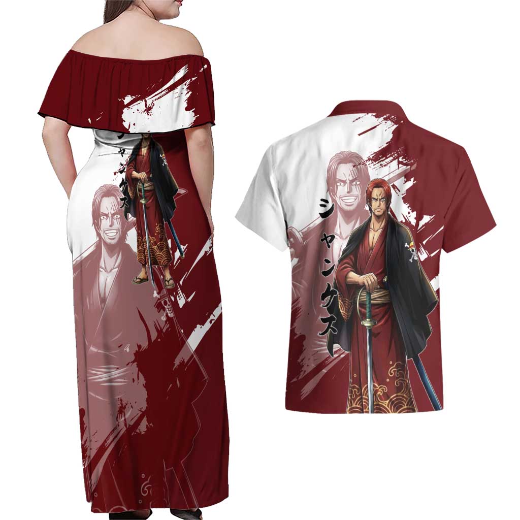 One Piece Shanks Red Hair Couples Matching Off Shoulder Maxi Dress and Hawaiian Shirt Japanese Anime Graphic