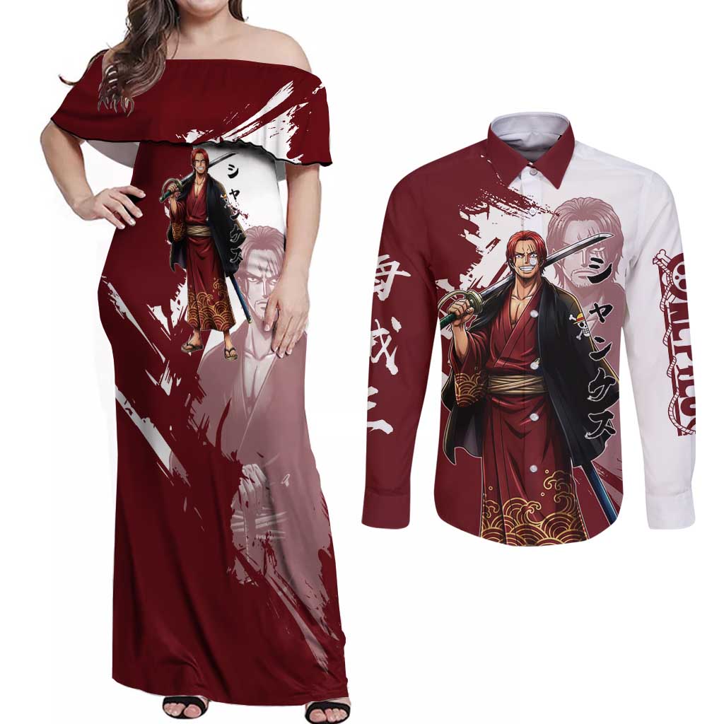 One Piece Shanks Red Hair Couples Matching Off Shoulder Maxi Dress and Long Sleeve Button Shirt Japanese Anime Graphic