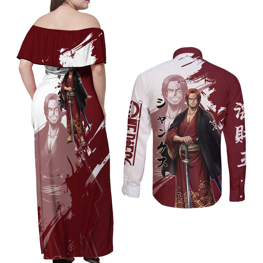One Piece Shanks Red Hair Couples Matching Off Shoulder Maxi Dress and Long Sleeve Button Shirt Japanese Anime Graphic