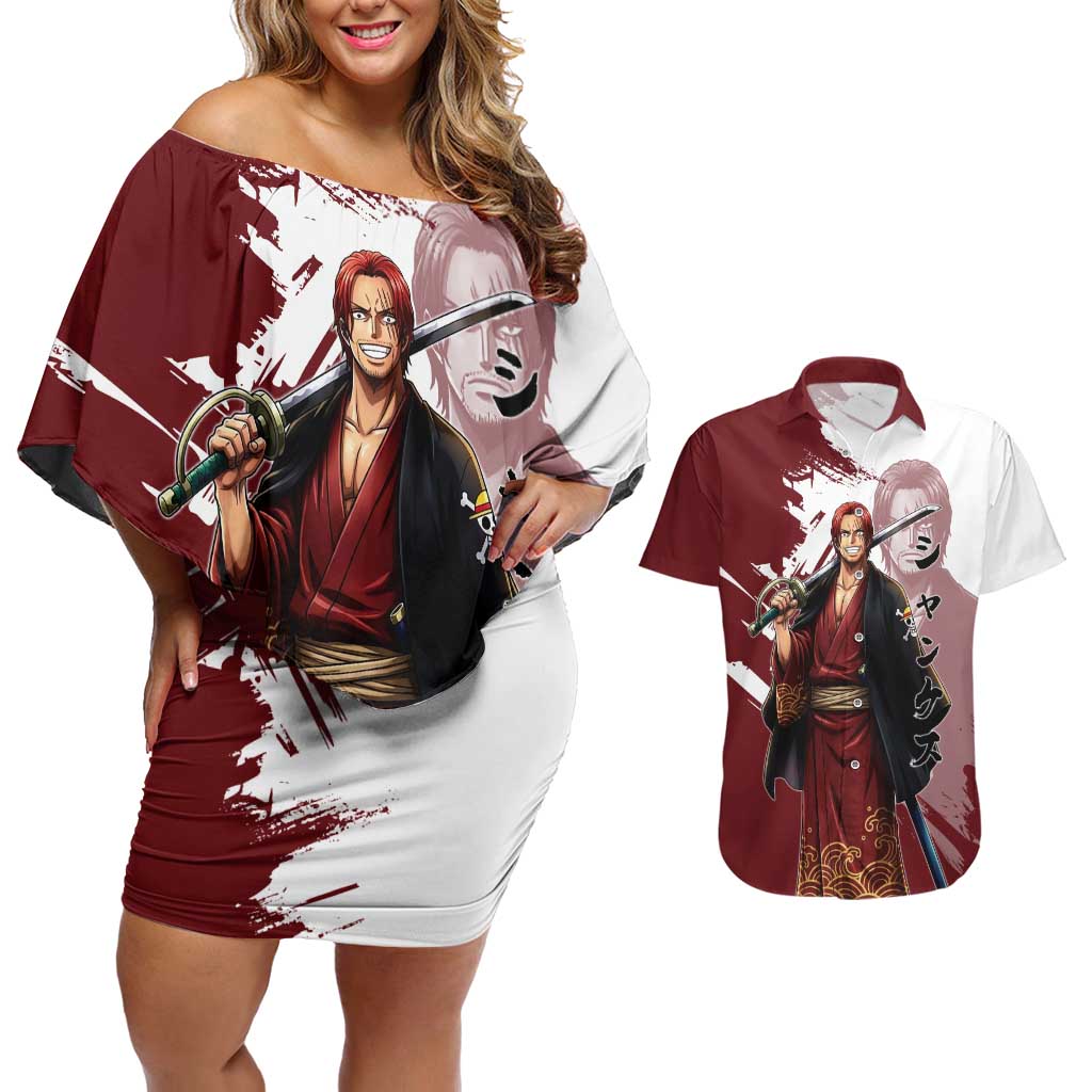 One Piece Shanks Red Hair Couples Matching Off Shoulder Short Dress and Hawaiian Shirt Japanese Anime Graphic