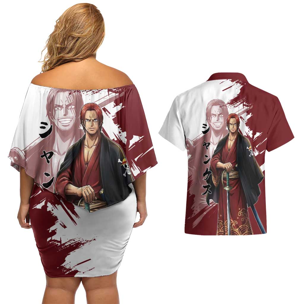 One Piece Shanks Red Hair Couples Matching Off Shoulder Short Dress and Hawaiian Shirt Japanese Anime Graphic