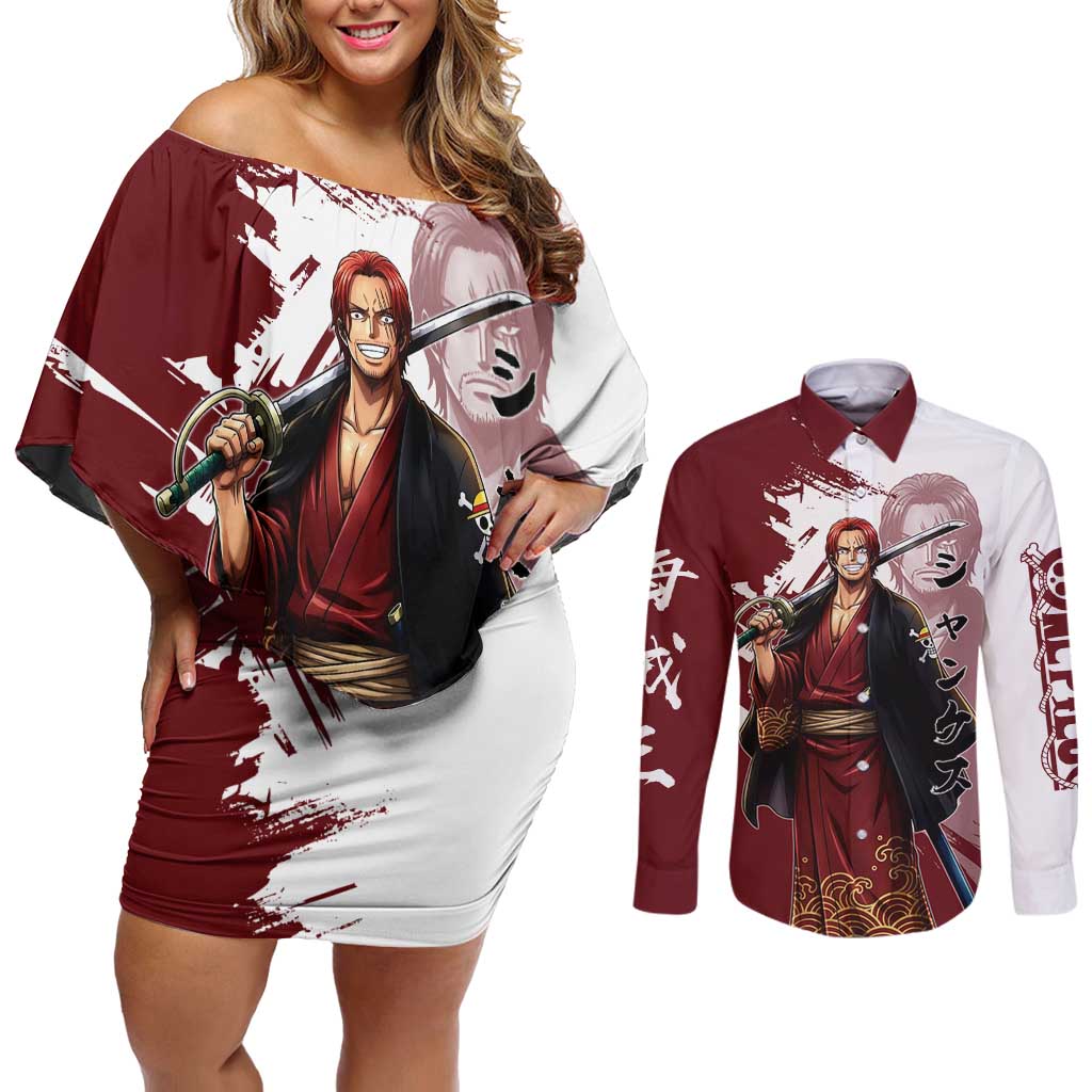 One Piece Shanks Red Hair Couples Matching Off Shoulder Short Dress and Long Sleeve Button Shirt Japanese Anime Graphic