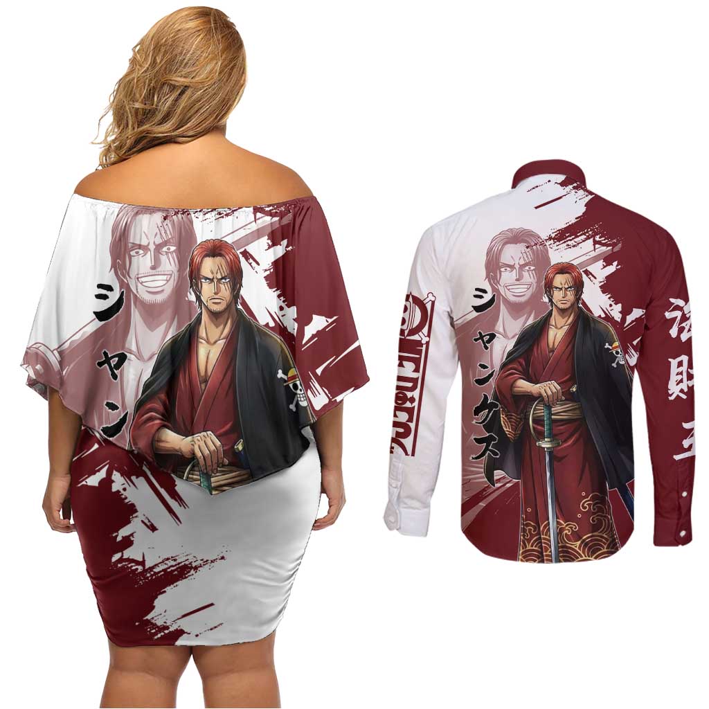 One Piece Shanks Red Hair Couples Matching Off Shoulder Short Dress and Long Sleeve Button Shirt Japanese Anime Graphic