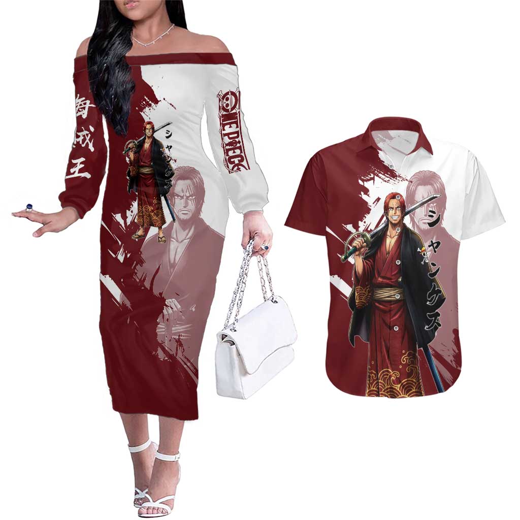 One Piece Shanks Red Hair Couples Matching Off The Shoulder Long Sleeve Dress and Hawaiian Shirt Japanese Anime Graphic