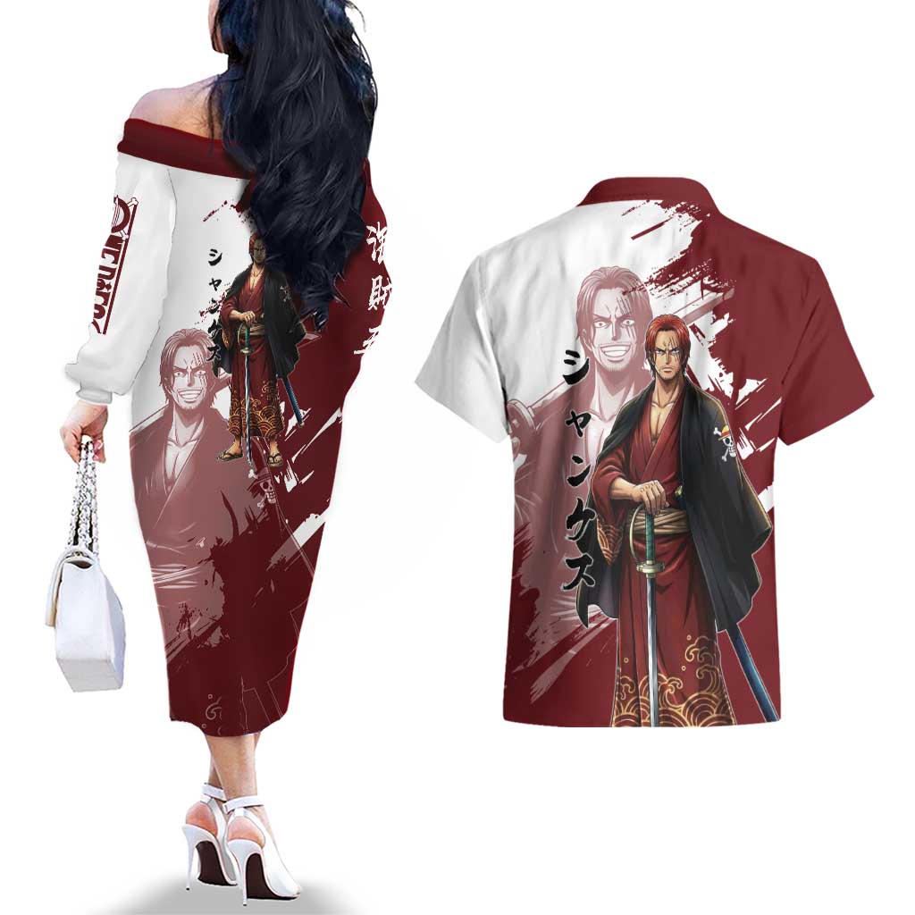 One Piece Shanks Red Hair Couples Matching Off The Shoulder Long Sleeve Dress and Hawaiian Shirt Japanese Anime Graphic