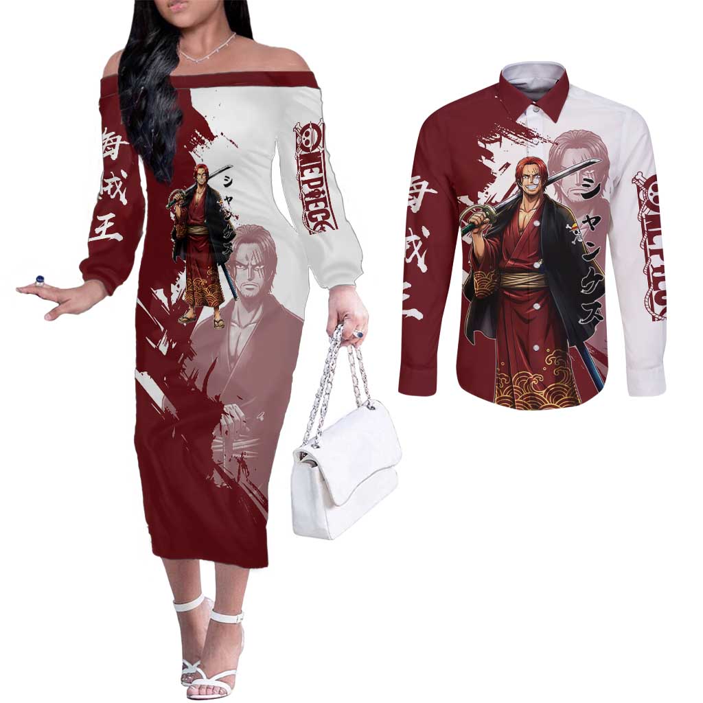 One Piece Shanks Red Hair Couples Matching Off The Shoulder Long Sleeve Dress and Long Sleeve Button Shirt Japanese Anime Graphic