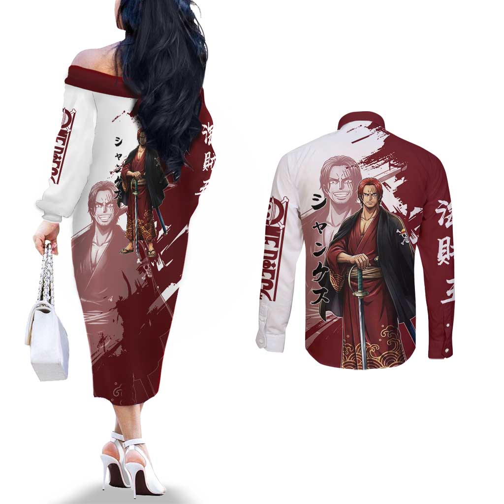 One Piece Shanks Red Hair Couples Matching Off The Shoulder Long Sleeve Dress and Long Sleeve Button Shirt Japanese Anime Graphic