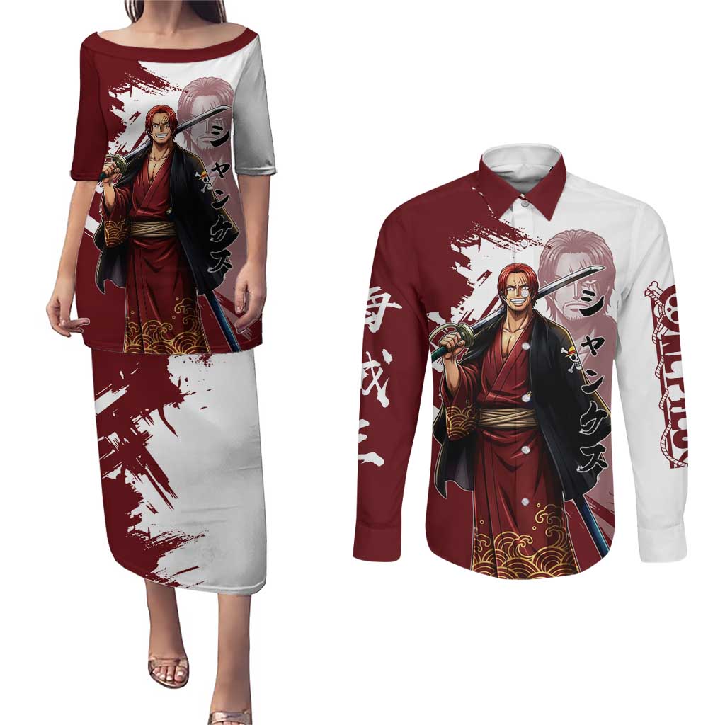 One Piece Shanks Red Hair Couples Matching Puletasi and Long Sleeve Button Shirt Japanese Anime Graphic