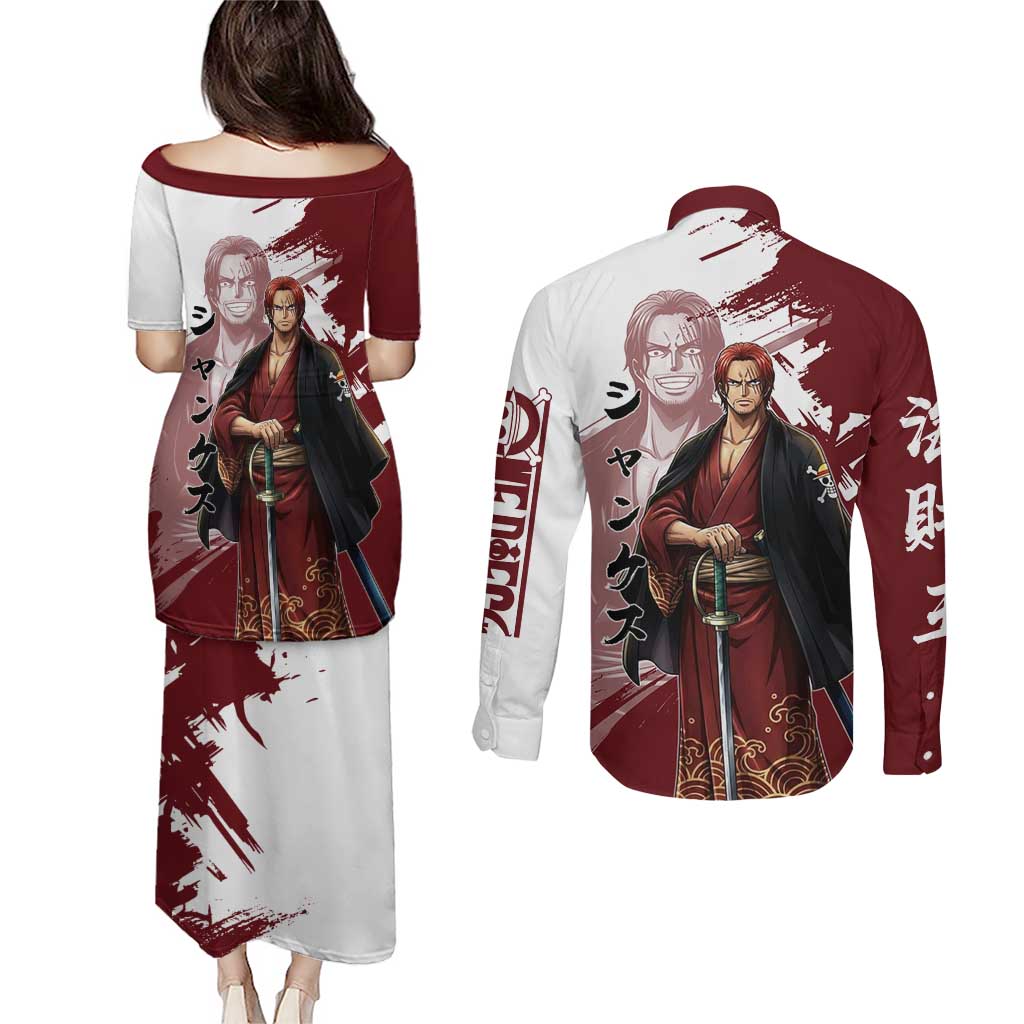 One Piece Shanks Red Hair Couples Matching Puletasi and Long Sleeve Button Shirt Japanese Anime Graphic