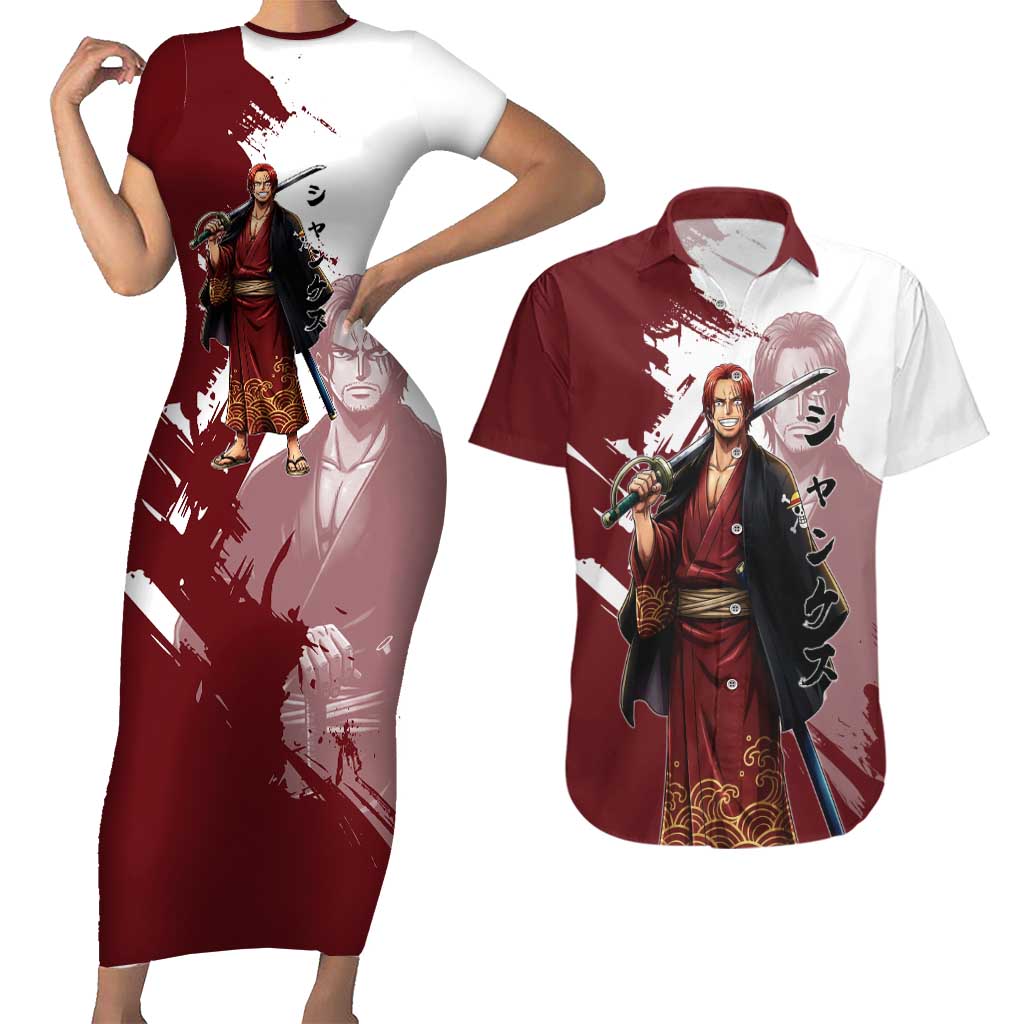 One Piece Shanks Red Hair Couples Matching Short Sleeve Bodycon Dress and Hawaiian Shirt Japanese Anime Graphic