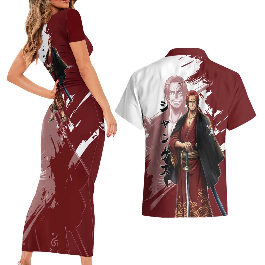 One Piece Shanks Red Hair Couples Matching Short Sleeve Bodycon Dress and Hawaiian Shirt Japanese Anime Graphic