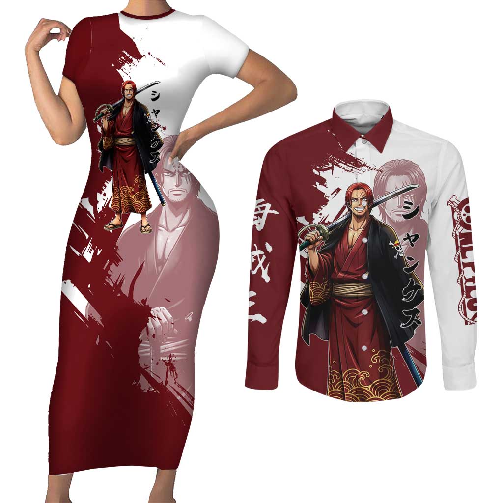 One Piece Shanks Red Hair Couples Matching Short Sleeve Bodycon Dress and Long Sleeve Button Shirt Japanese Anime Graphic