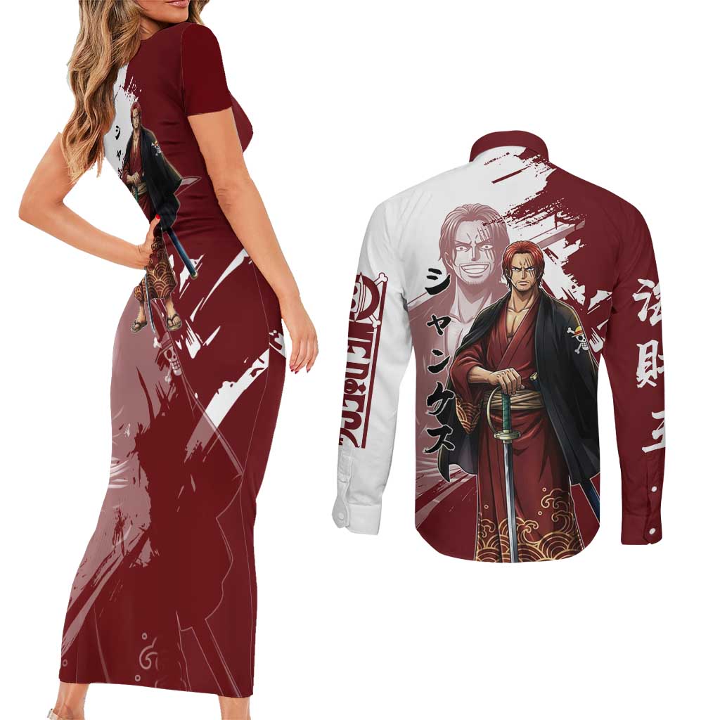 One Piece Shanks Red Hair Couples Matching Short Sleeve Bodycon Dress and Long Sleeve Button Shirt Japanese Anime Graphic
