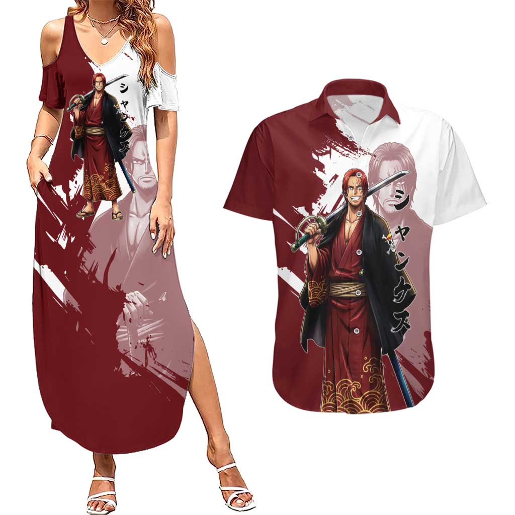 One Piece Shanks Red Hair Couples Matching Summer Maxi Dress and Hawaiian Shirt Japanese Anime Graphic
