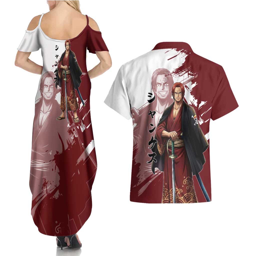 One Piece Shanks Red Hair Couples Matching Summer Maxi Dress and Hawaiian Shirt Japanese Anime Graphic