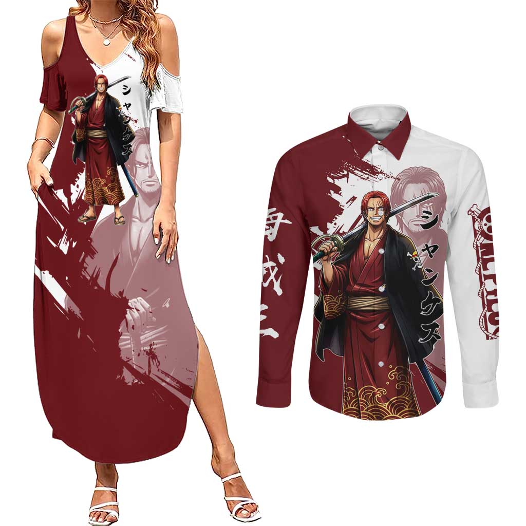 One Piece Shanks Red Hair Couples Matching Summer Maxi Dress and Long Sleeve Button Shirt Japanese Anime Graphic