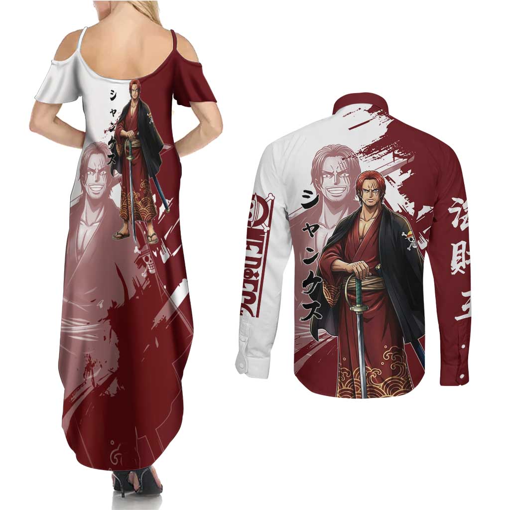 One Piece Shanks Red Hair Couples Matching Summer Maxi Dress and Long Sleeve Button Shirt Japanese Anime Graphic