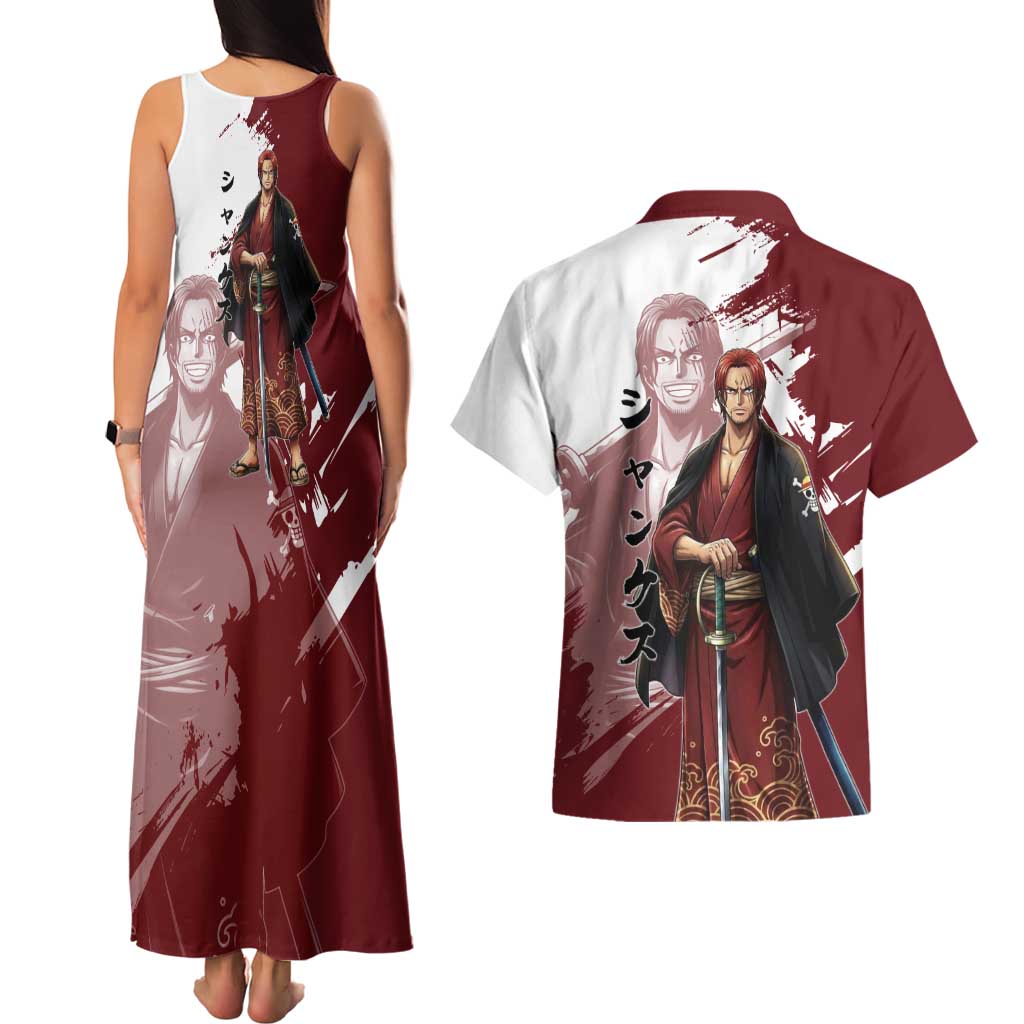 One Piece Shanks Red Hair Couples Matching Tank Maxi Dress and Hawaiian Shirt Japanese Anime Graphic