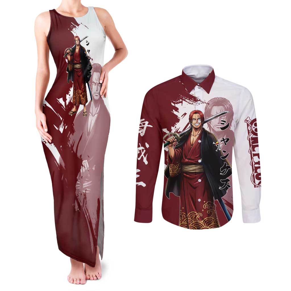 One Piece Shanks Red Hair Couples Matching Tank Maxi Dress and Long Sleeve Button Shirt Japanese Anime Graphic