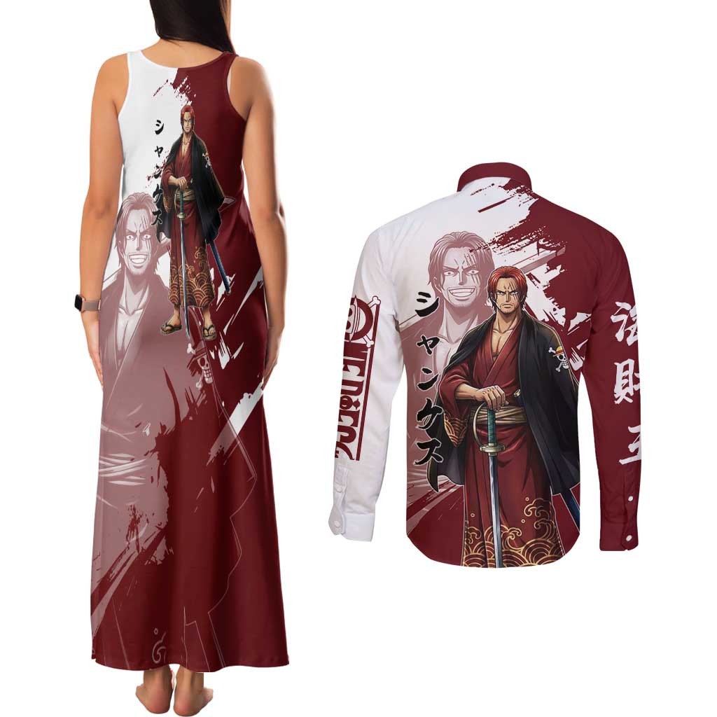 One Piece Shanks Red Hair Couples Matching Tank Maxi Dress and Long Sleeve Button Shirt Japanese Anime Graphic