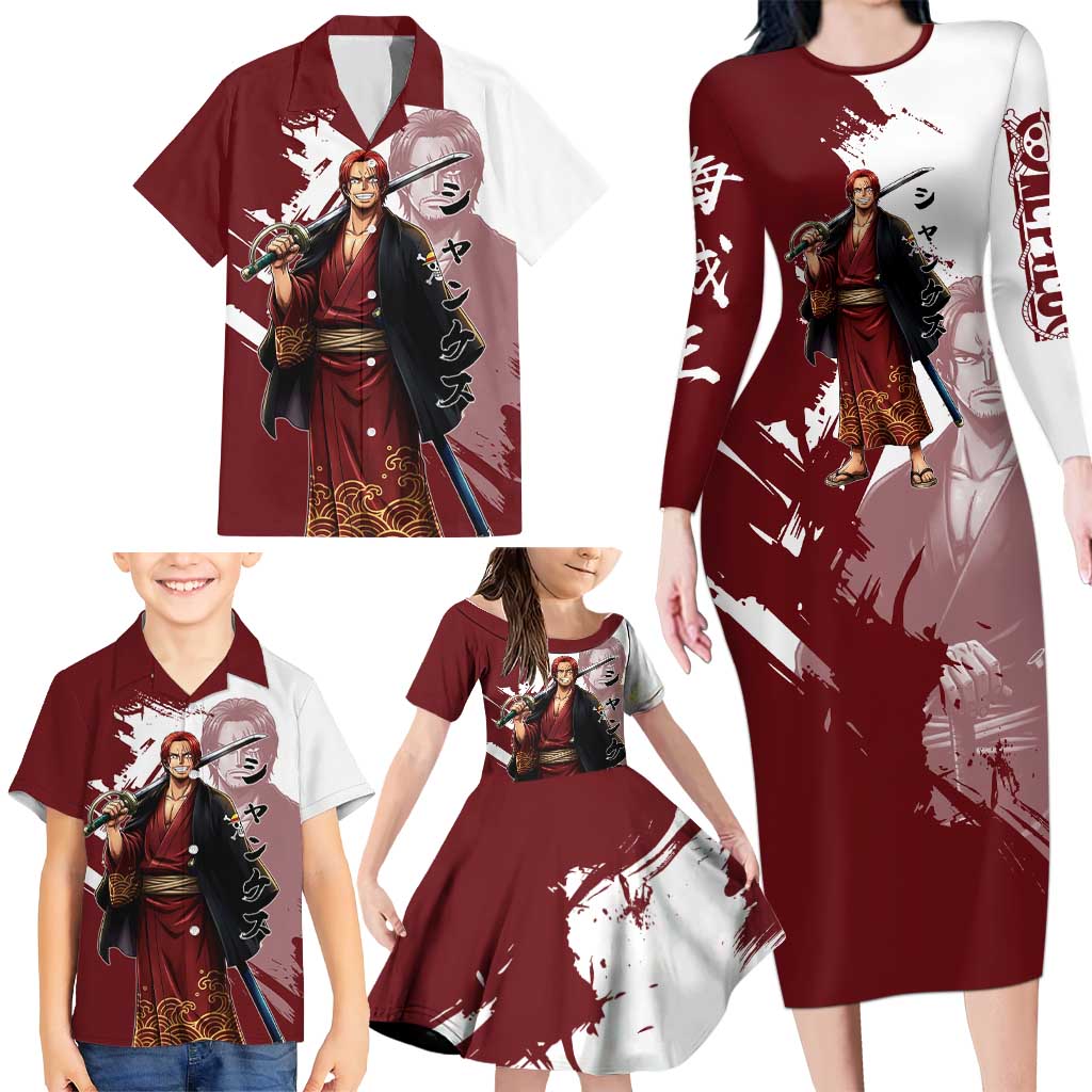One Piece Shanks Red Hair Family Matching Long Sleeve Bodycon Dress and Hawaiian Shirt Japanese Anime Graphic
