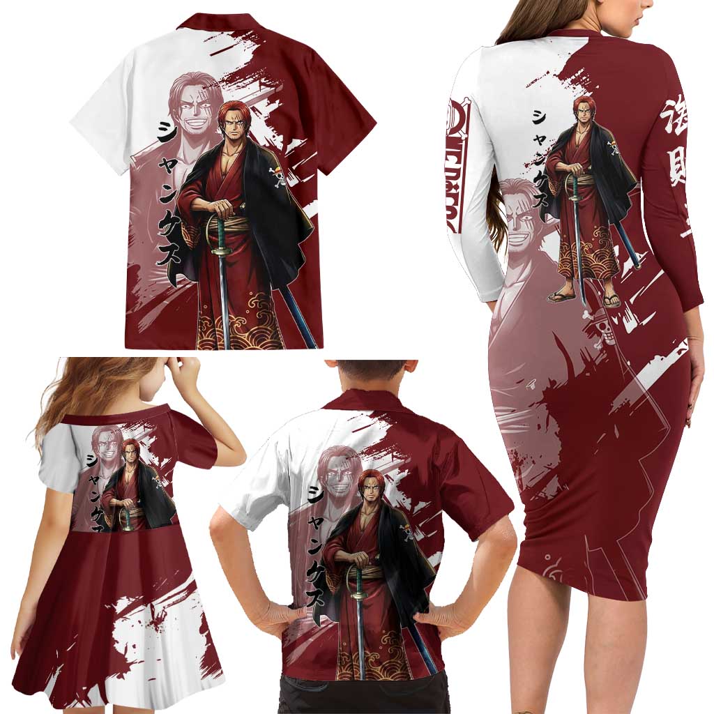 One Piece Shanks Red Hair Family Matching Long Sleeve Bodycon Dress and Hawaiian Shirt Japanese Anime Graphic