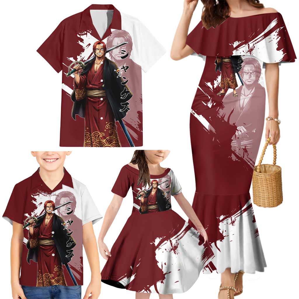 One Piece Shanks Red Hair Family Matching Mermaid Dress and Hawaiian Shirt Japanese Anime Graphic